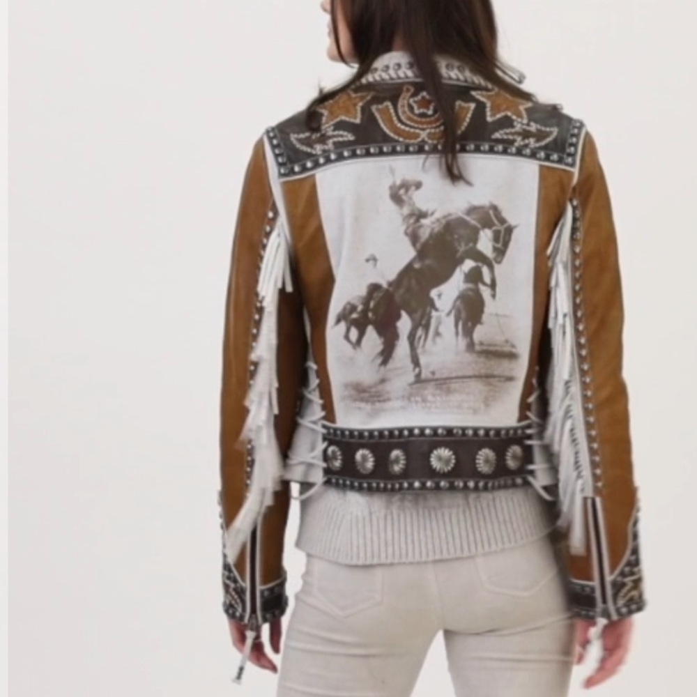 Double D Ranch Leather fringe Jacket studded bucking horse cowgirl RTL $1395 NWT - Picture 5 of 15